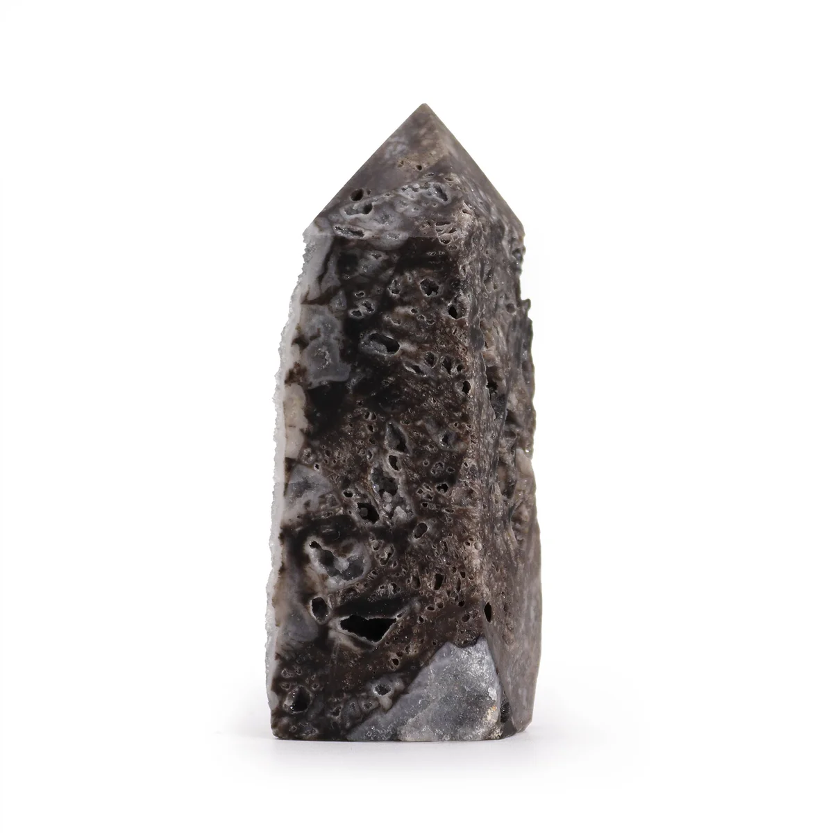 Calcite polished stone tower with smooth side polish, showcasing natural white and cream crystal textures on a white background