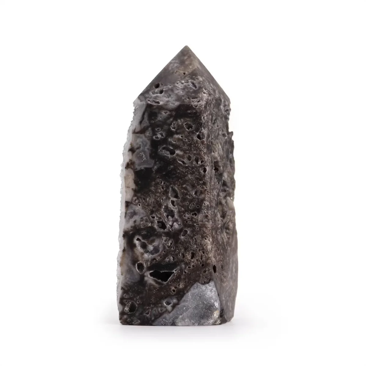 Polished calcite side tower decorative mineral piece with smooth surfaces and natural creamy white tones on a white background