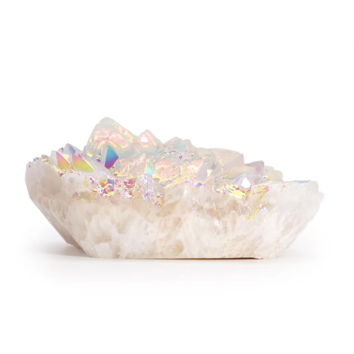 Large enhanced aura angel quartz crystal with shimmering iridescent surface and clear quartz structure