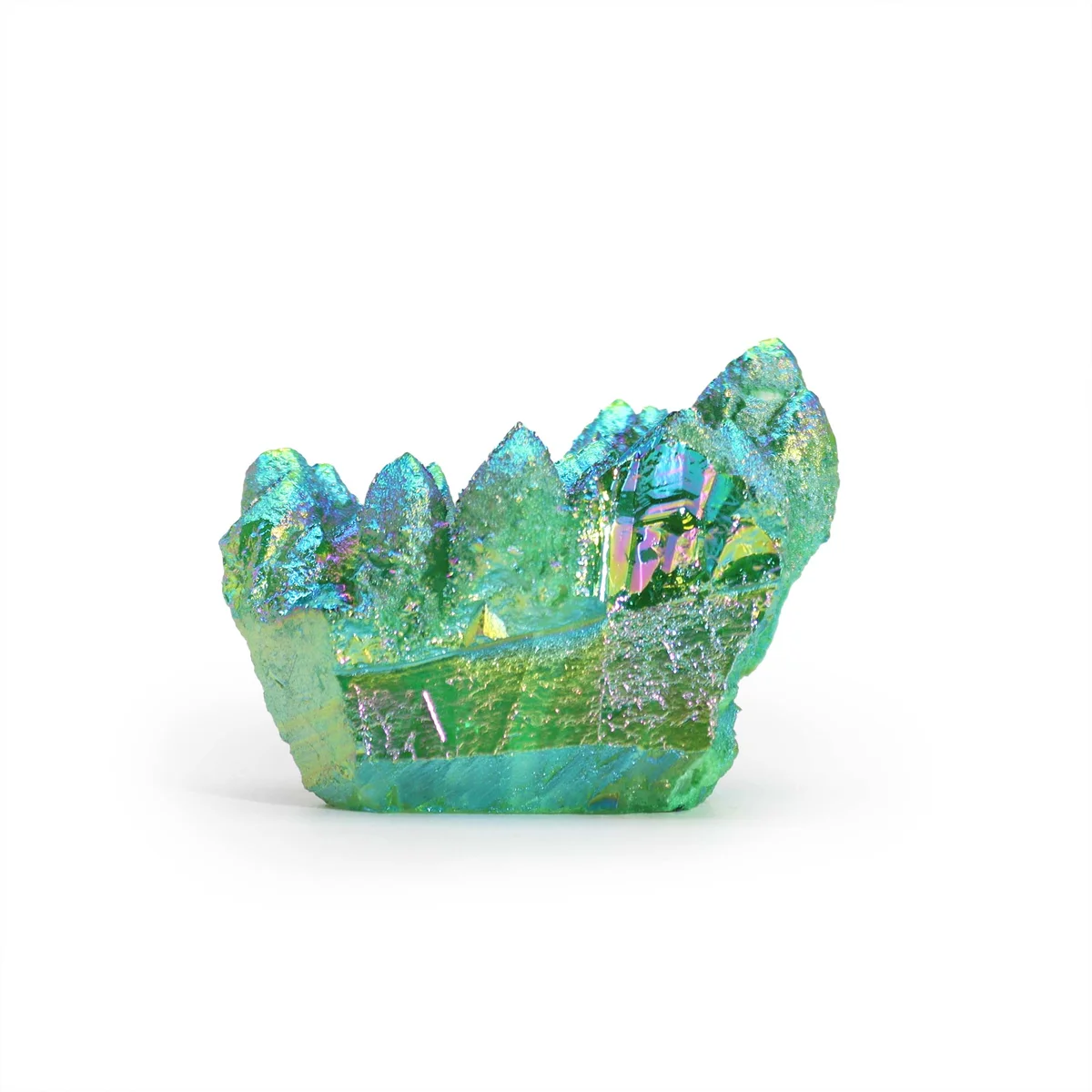 Med Enhanced Aura Green Flame Quartz crystal with vibrant green flame crystal decor on a white background