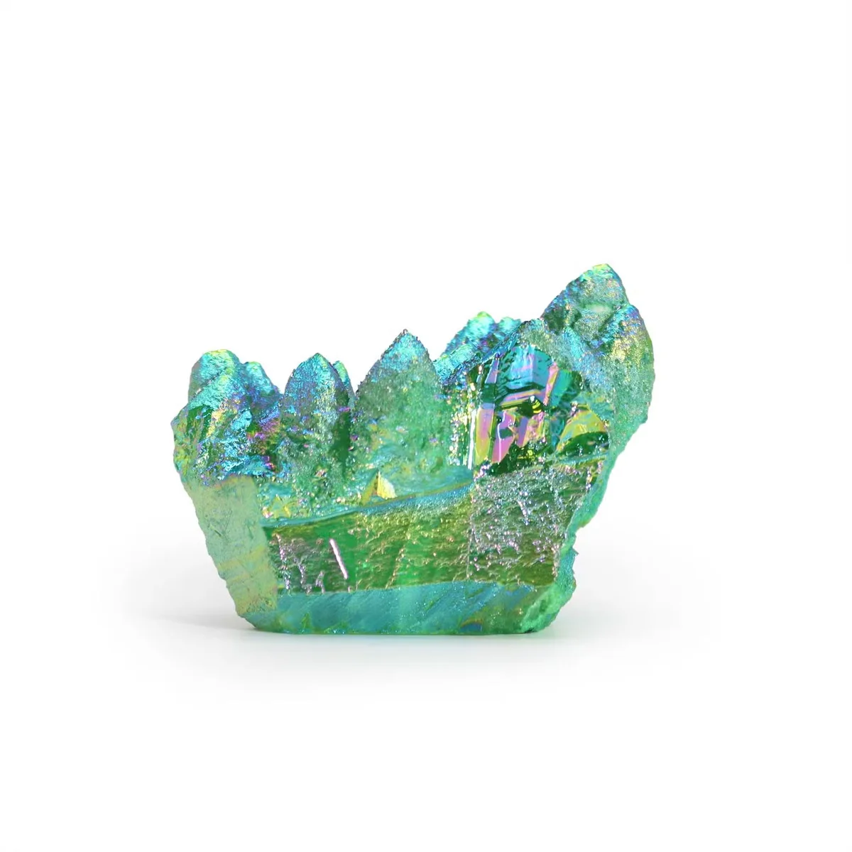 Med quartz figurine featuring enhanced green flame aura quartz with a smooth, polished surface and vibrant colors