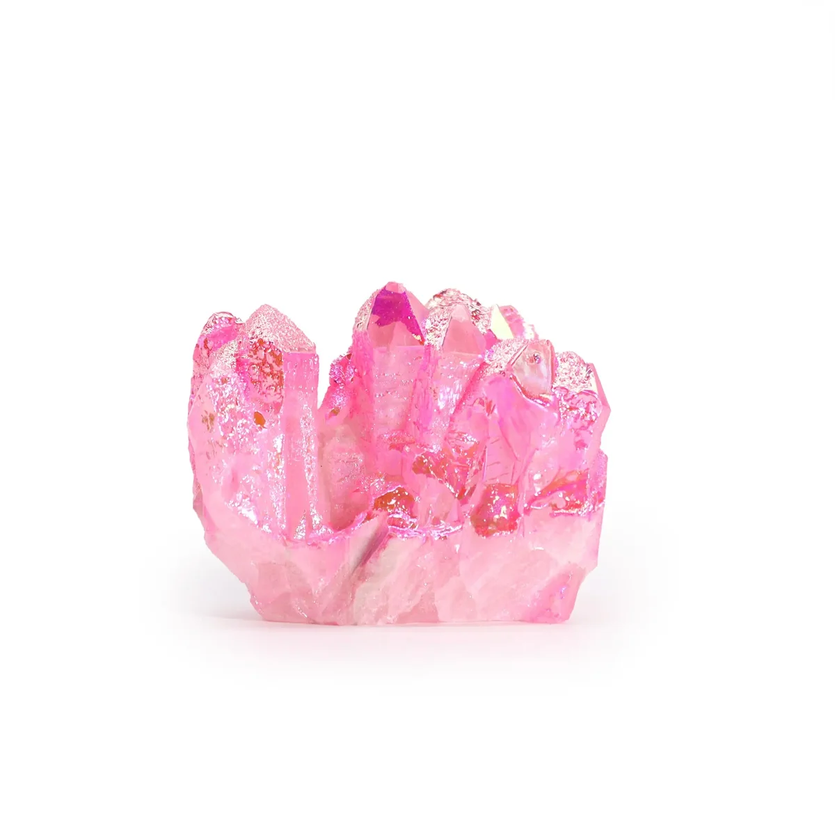 Med Enhanced Quartz Aura Rose Halo Quartz enhanced quartz ornament with pink and iridescent hues on white background
