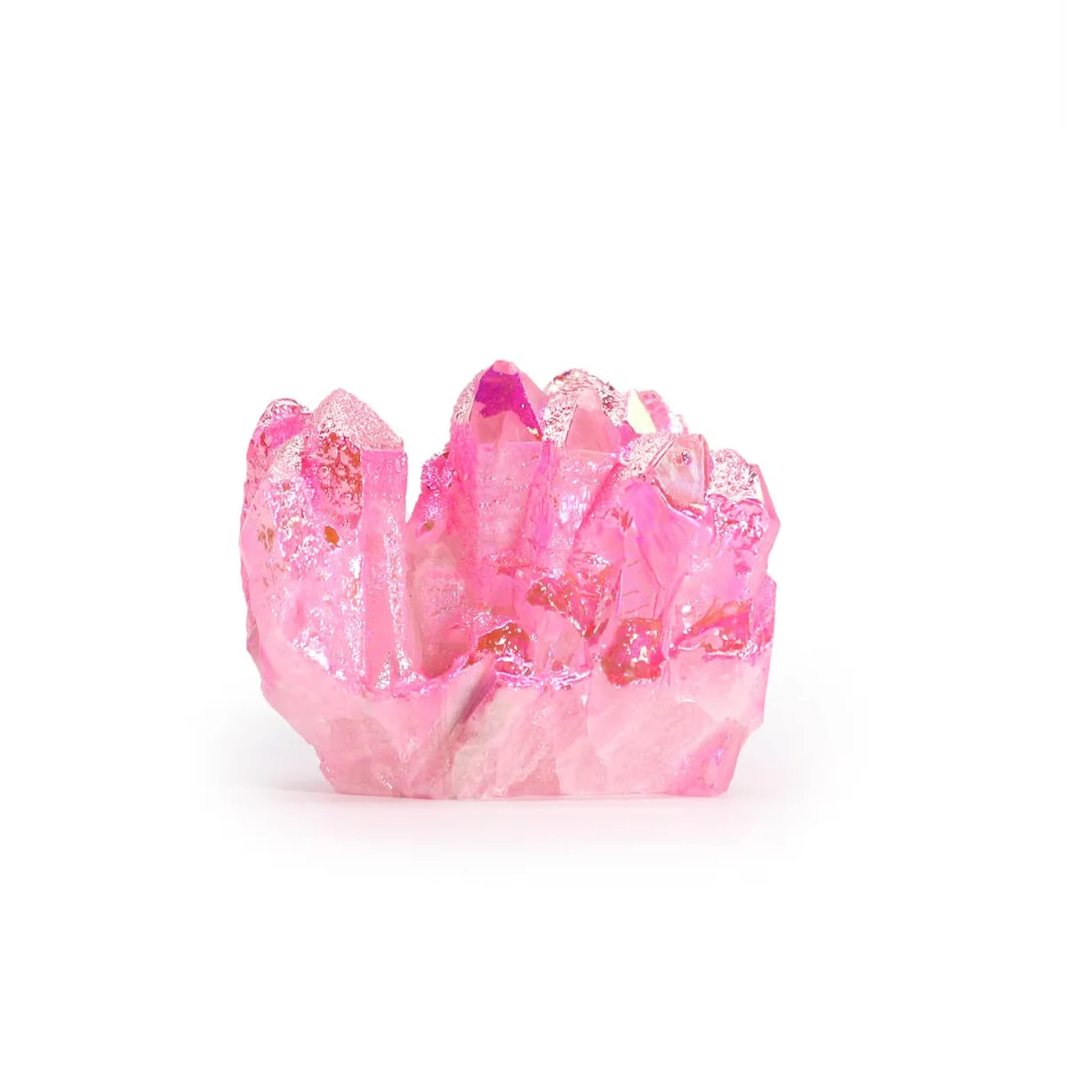 Med quartz crystal with a pinkish rose hue and enhanced quartz aura in a halo formation against a white background