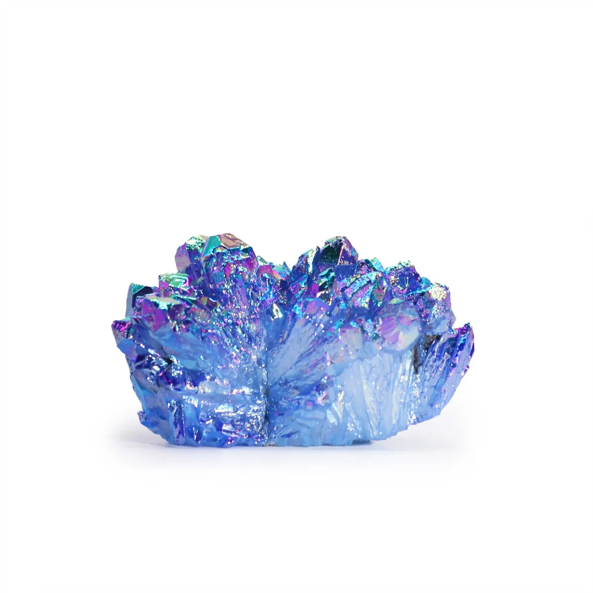 Med Enhanced Quartz Aura Aqua Halo Quartz enhanced quartz ornament with vibrant aqua and halo colors on a clear base