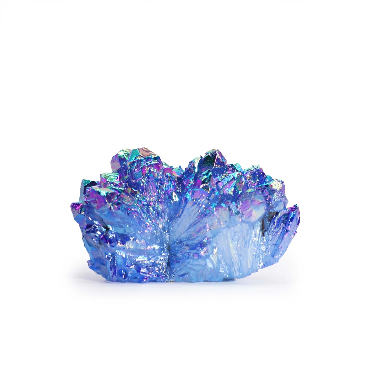 Med Enhanced Aura Aqua Halo Quartz stone with shimmering aqua and halo effects for quartz decor on white background