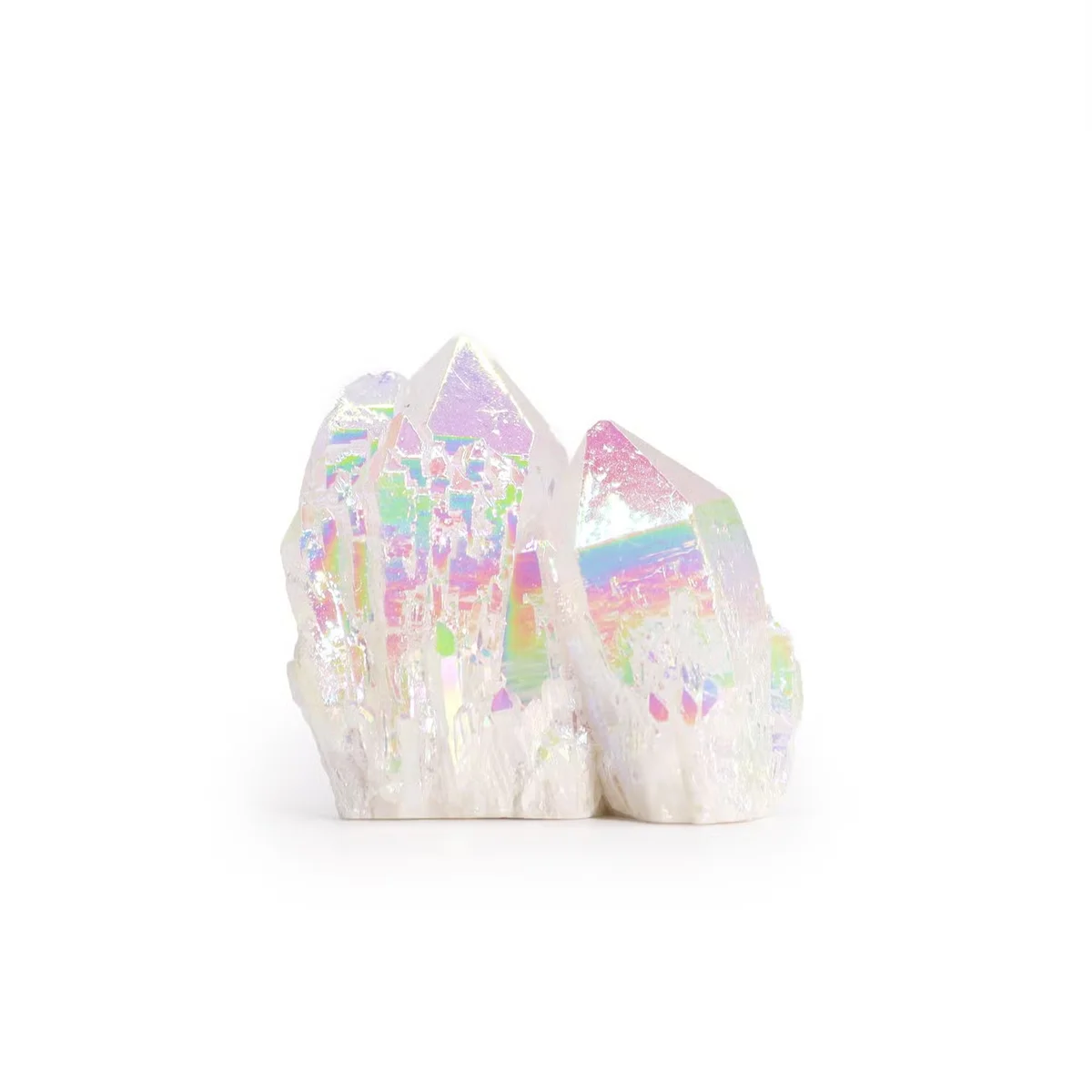 Meditation quartz ornament featuring a med enhanced aura angel quartz crystal with shimmering hues and smooth texture