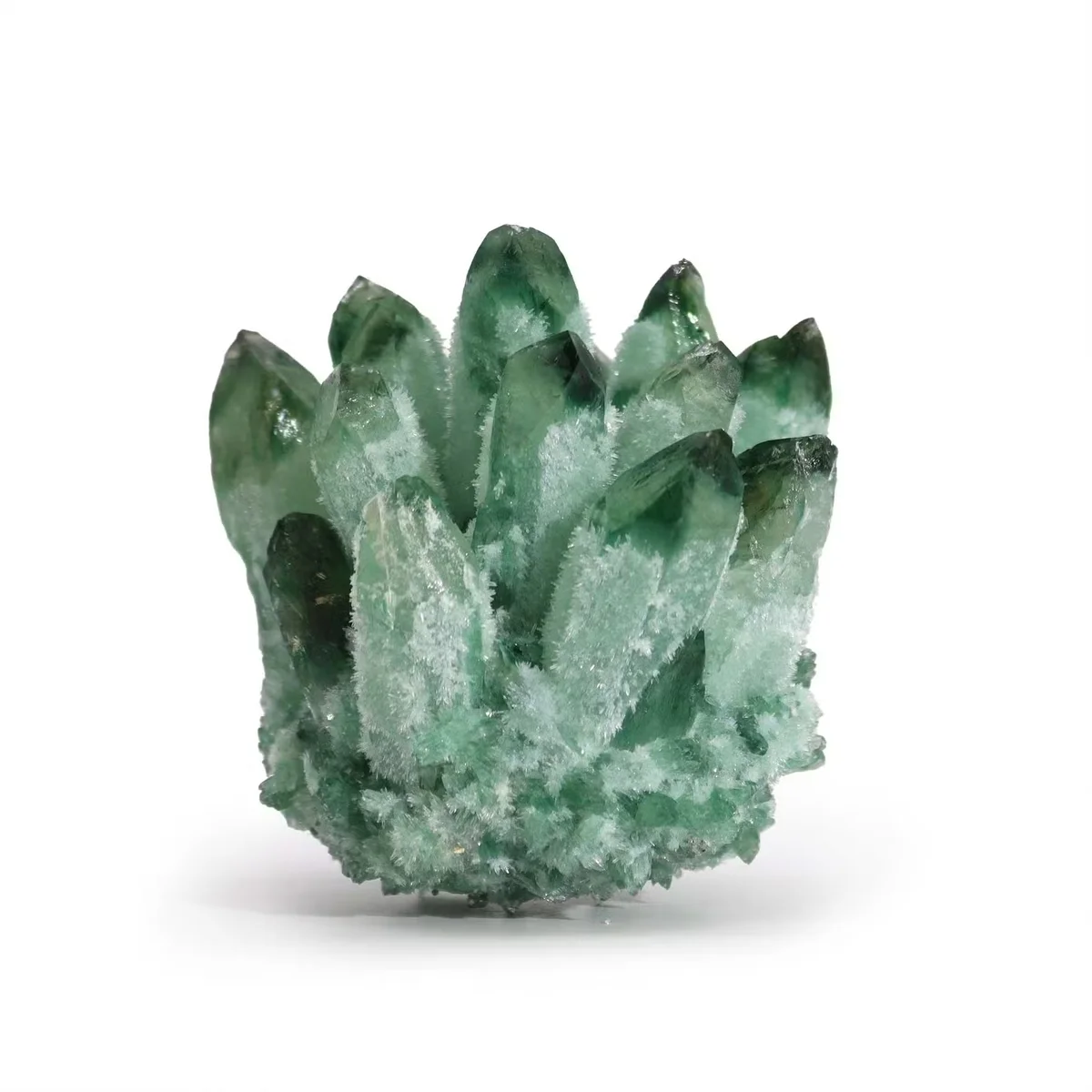 Green Ghost Quartz decorative crystal cluster with translucent green hues and natural quartz formations on display