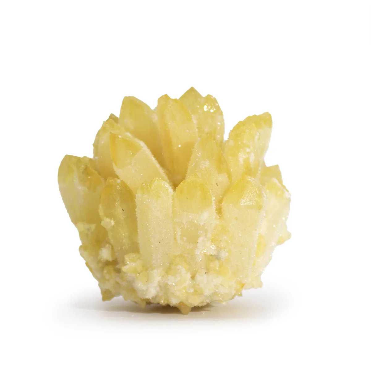 Natural yellow ghost quartz cluster with multiple crystal points forming a natural quartz cluster display piece