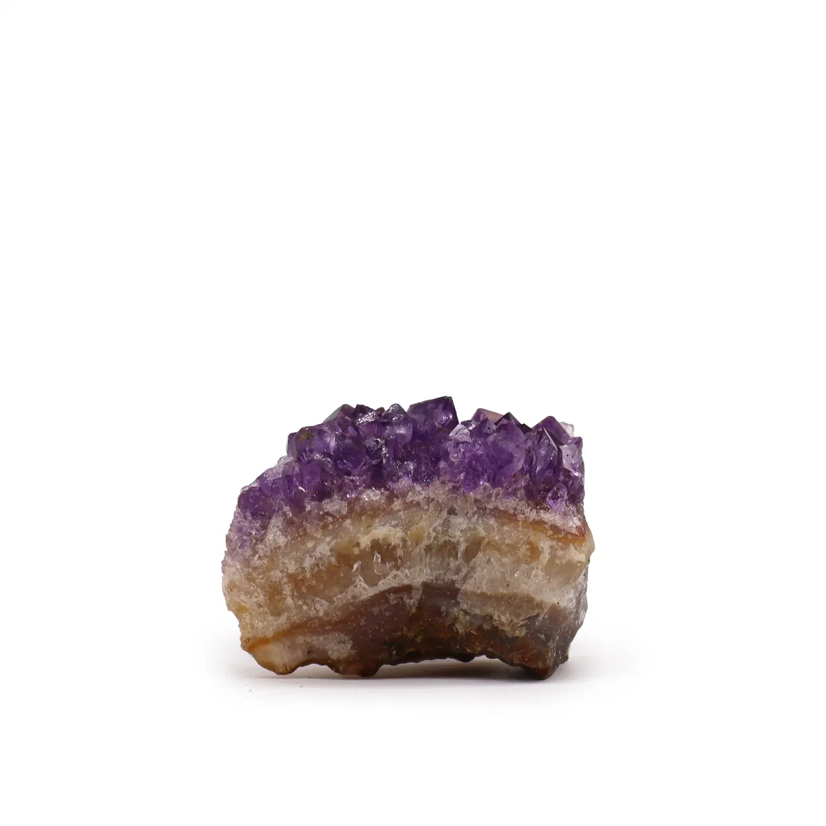 Small natural high grade amethyst cluster with purple crystal points, size approximately 3-8cm, on white background