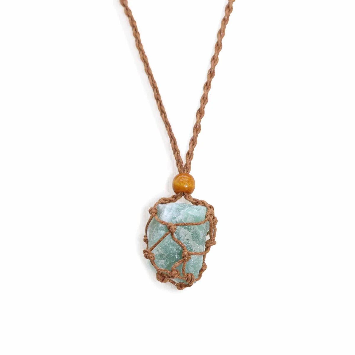 Brown gemstone necklace cord displayed coiled on a white background, showing its texture and color details