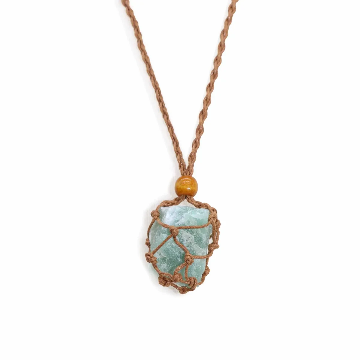 Brown gemstone necklace cord laid out flat on a white background, showing texture and length details