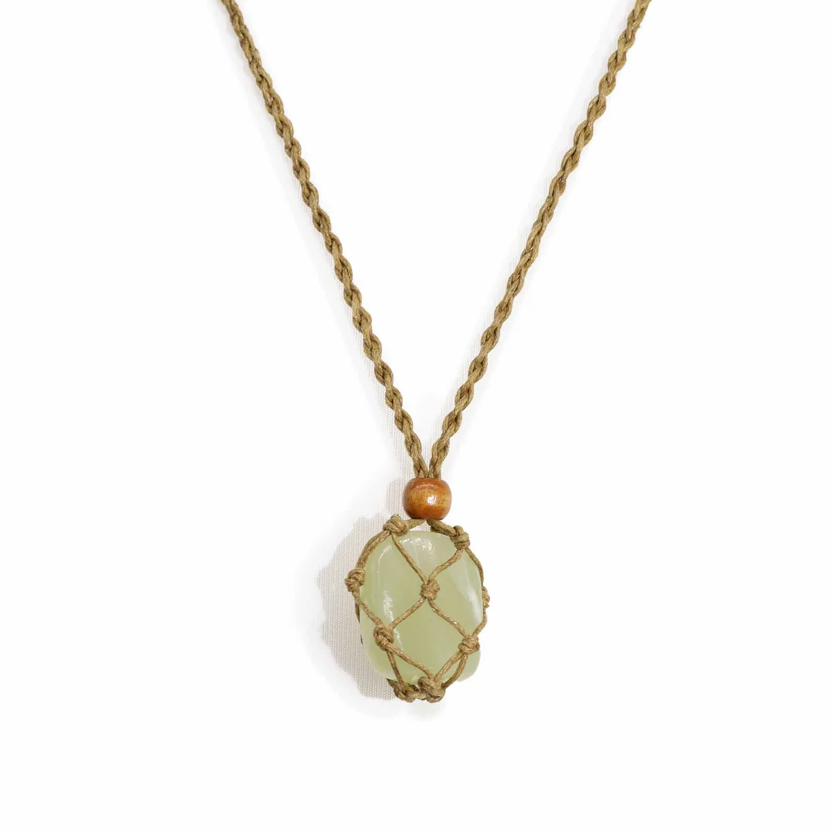 Sand-coloured gemstone necklace accessory cord displayed on a white background, showing texture and length details