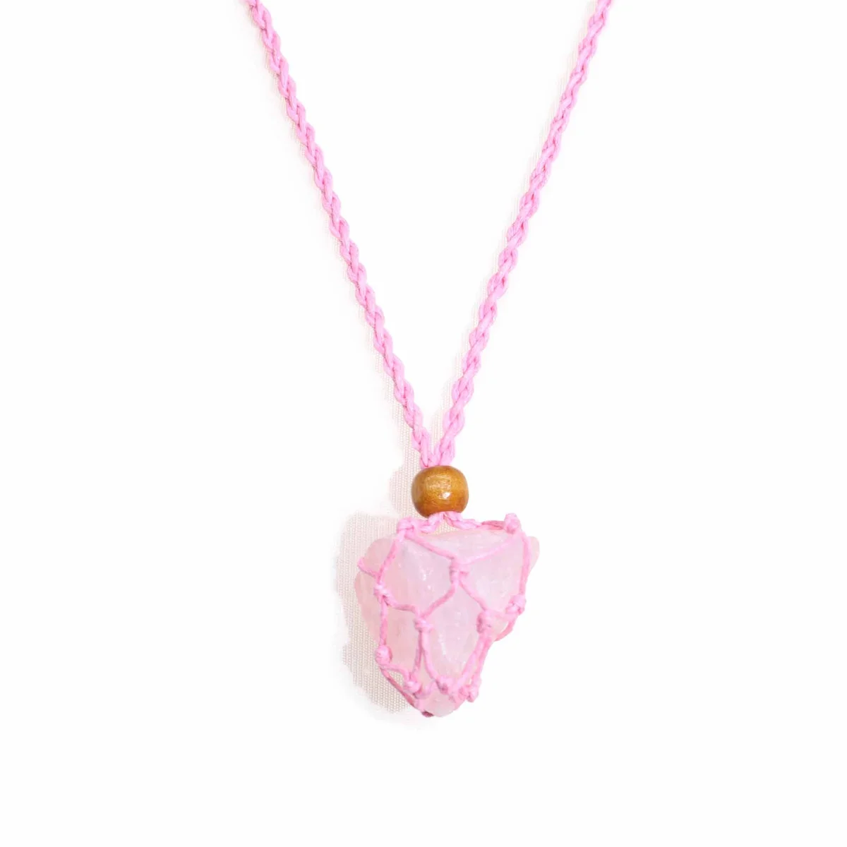 Pink gemstone necklace cord displayed on a white background, showing texture and color details.