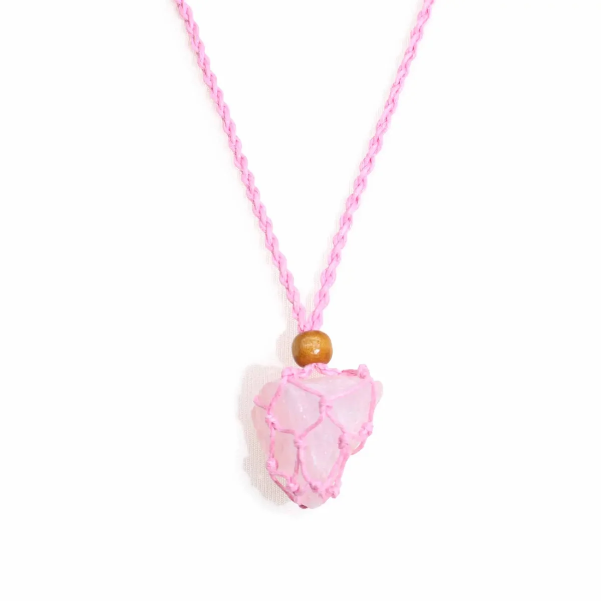 Close-up of a pink necklace cord made from gemstone material, ideal for crafting jewelry pieces