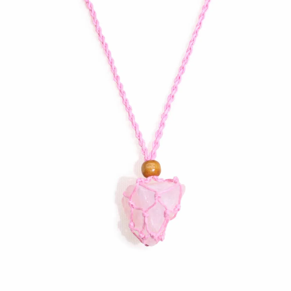 Pink gemstone necklace cord for pendants displayed against a white background, showing texture and color details
