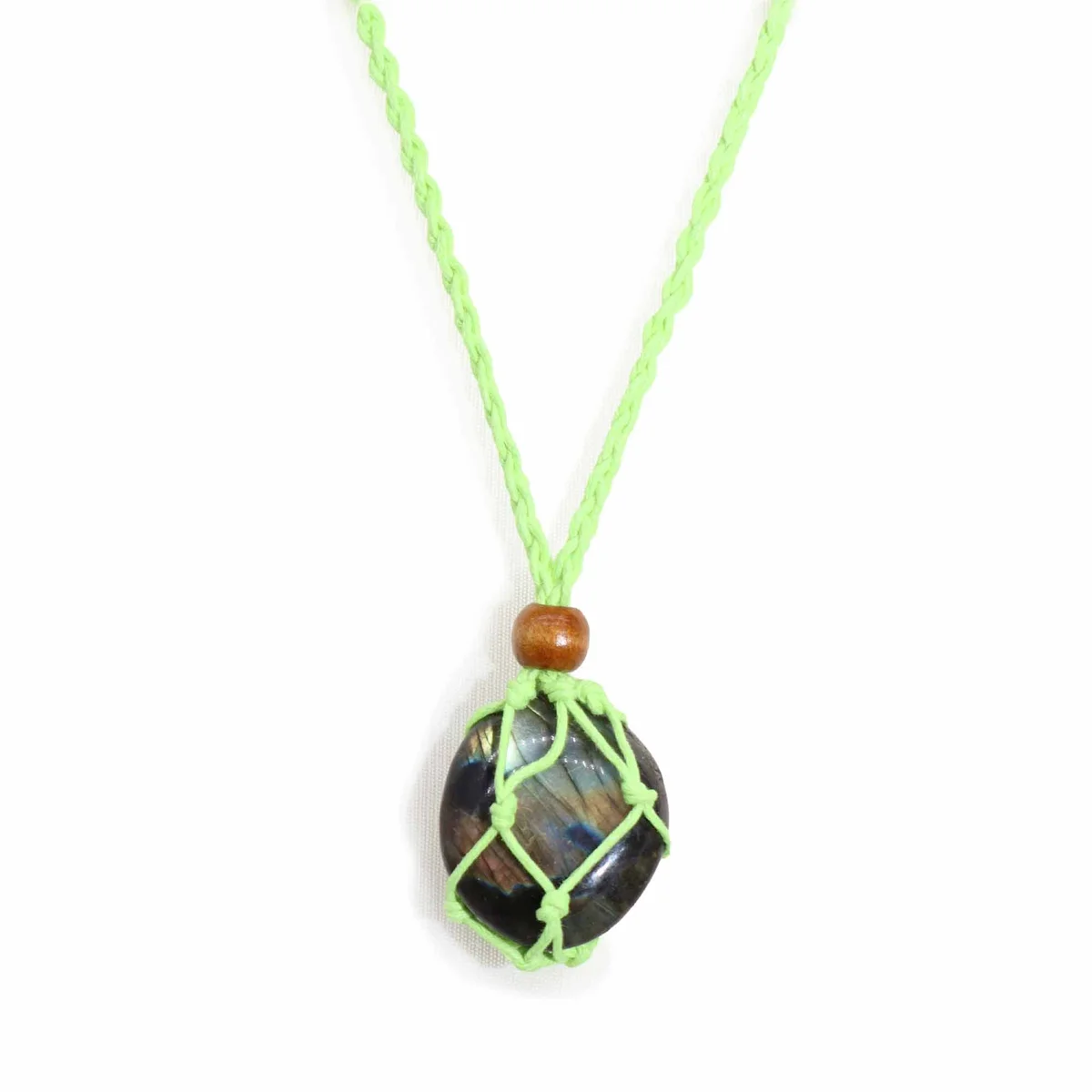 Close-up of a green gemstone necklace cord displayed on a white background for jewellery making