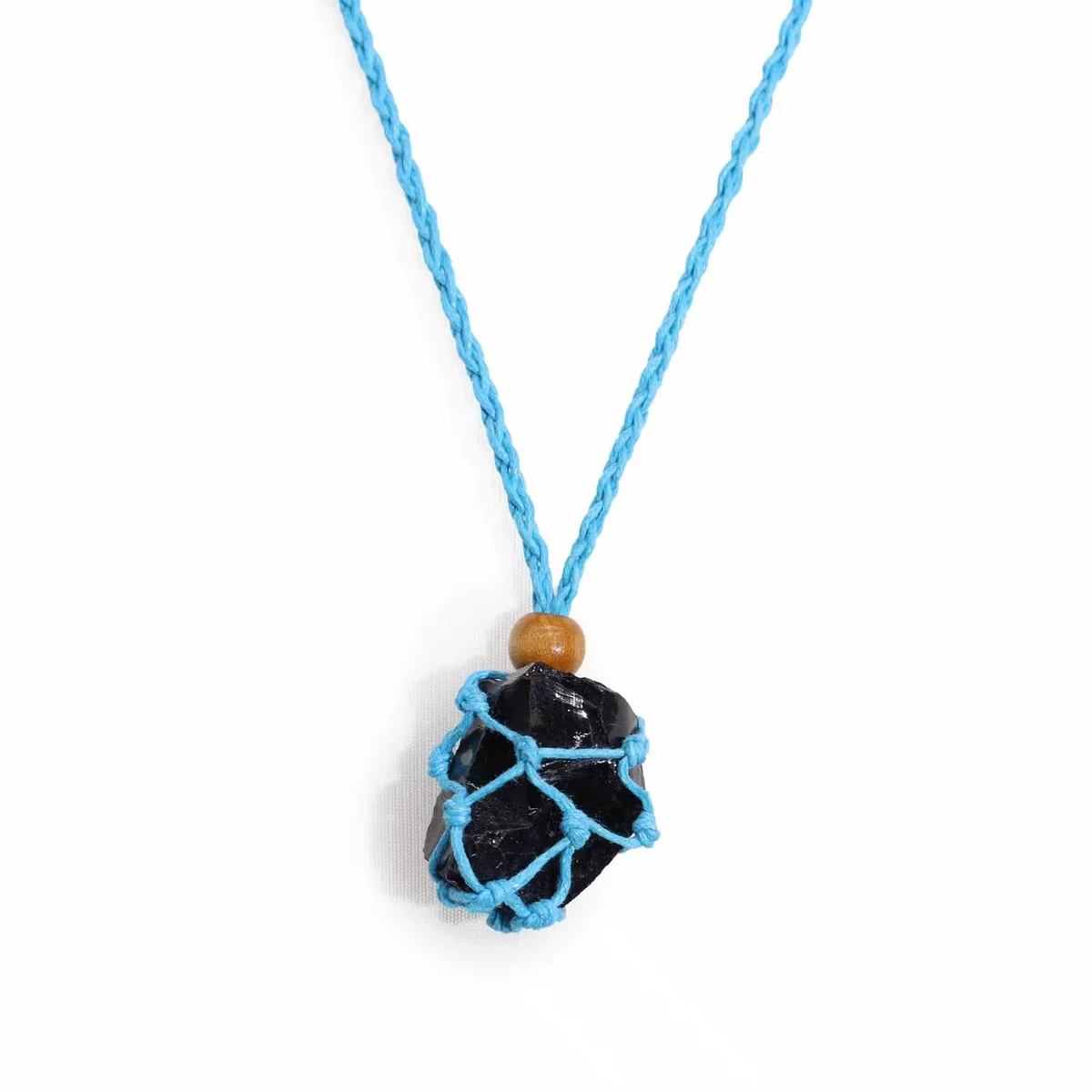 Blue adjustable necklace cord made from gemstone material, shown coiled with metal clasps on a white background