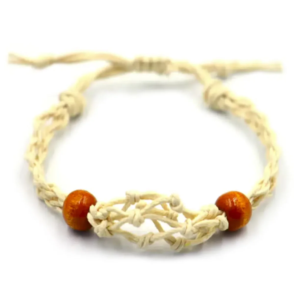 Close-up of natural beaded gemstone bracelet with cord, showcasing polished round beads on a simple string