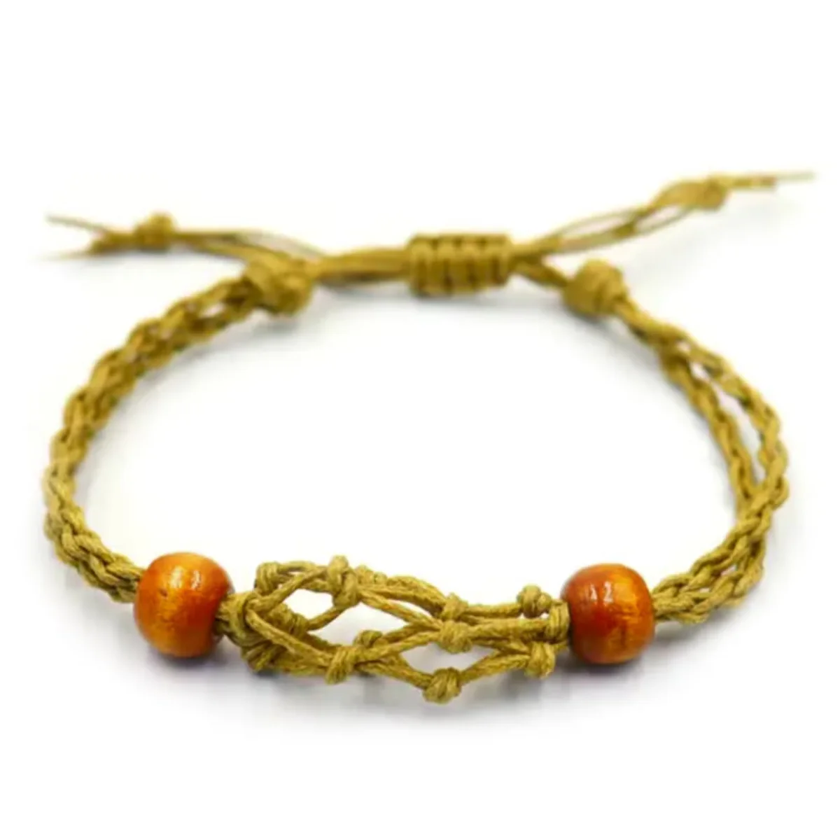 Close-up of sand colour bracelet cord made from gemstone material, showing texture and natural hues on a white background