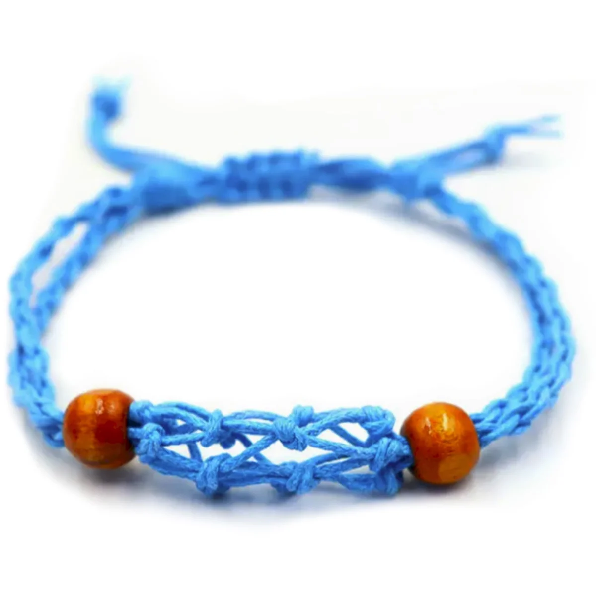 Blue gemstone bracelet cord neatly coiled, showcasing vibrant blue color and smooth texture on white background