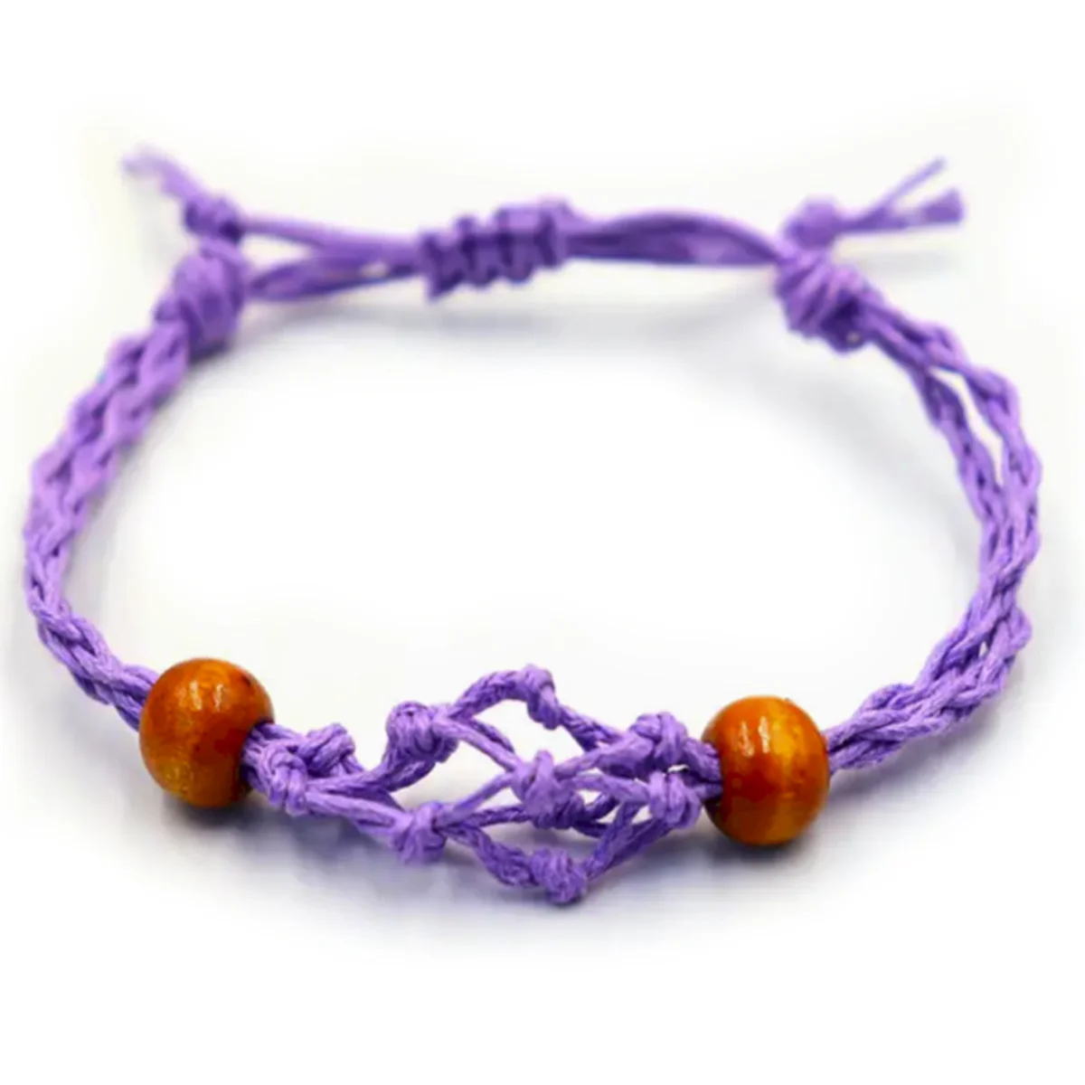 Close-up of a purple bracelet accessory made from gemstone cord, showing detailed texture and vibrant color
