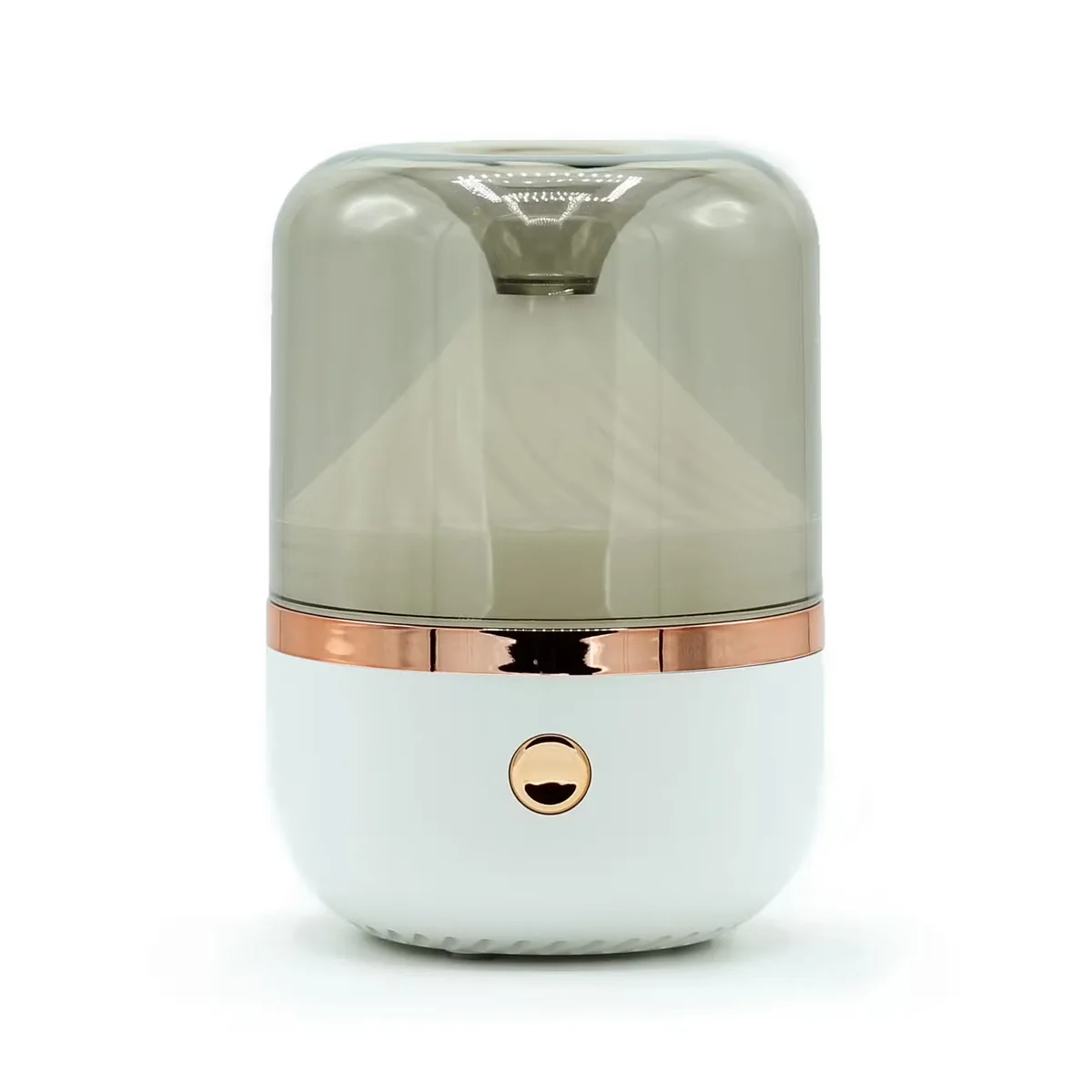 White and bronze diffuser with USB cable, showing colour change feature on a wooden surface