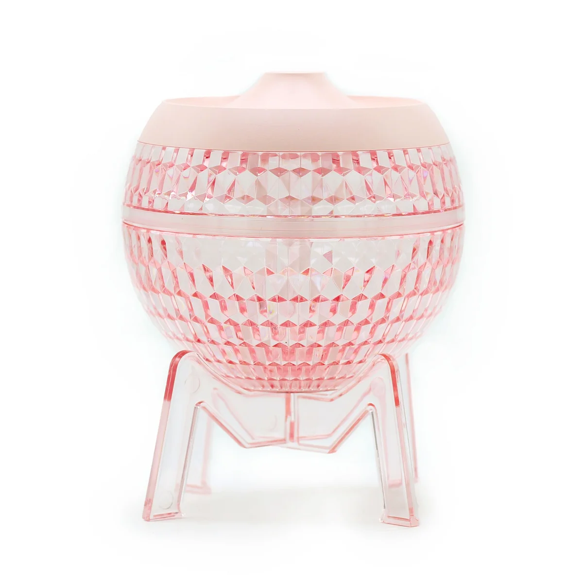 Pink USB humidifier shaped like a planet with colour-changing down light, connected via USB cable