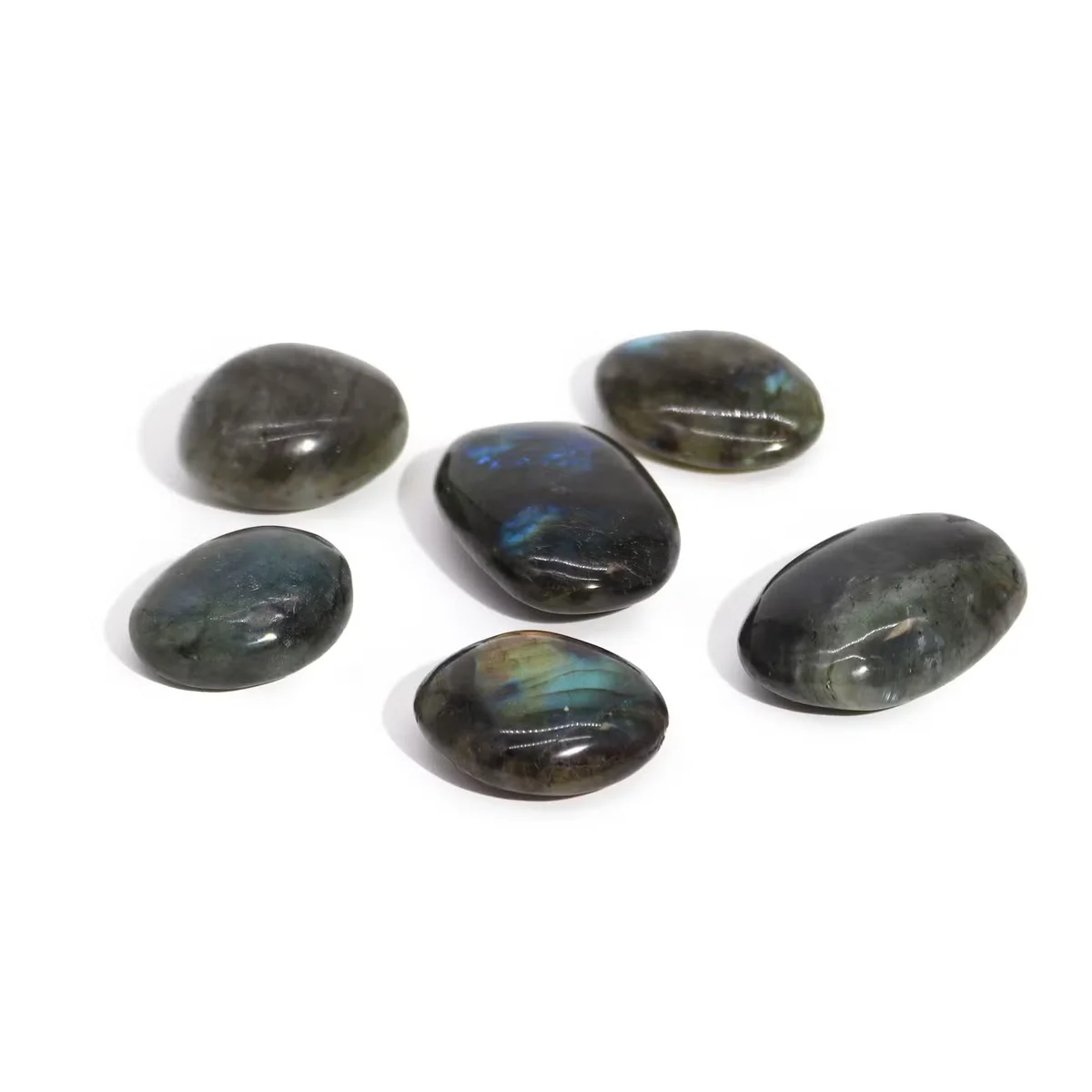 Smooth natural labradorite stone palm stone from Madagascar, approx 55-60mm, showing blue and green iridescence