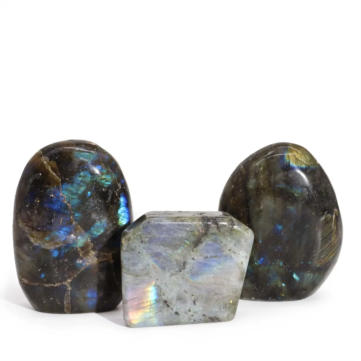 Polished natural labradorite ornament tomb stone from Madagascar, 80-100g, 50-70mm, showing iridescent blue and green hues