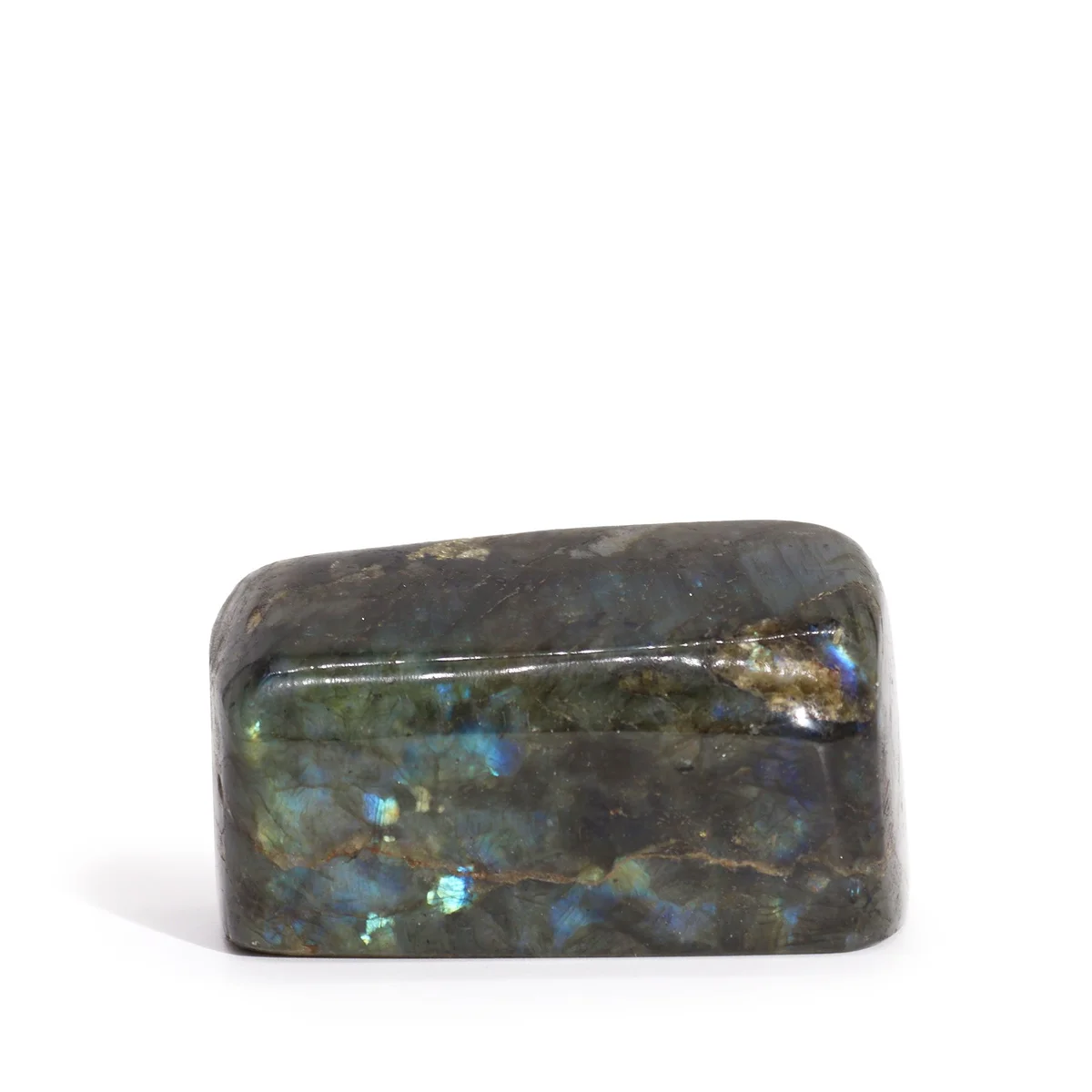 Polished Madagascar labradorite stone medium size 250-300g, measuring 80-100mm, smooth surface with natural colors