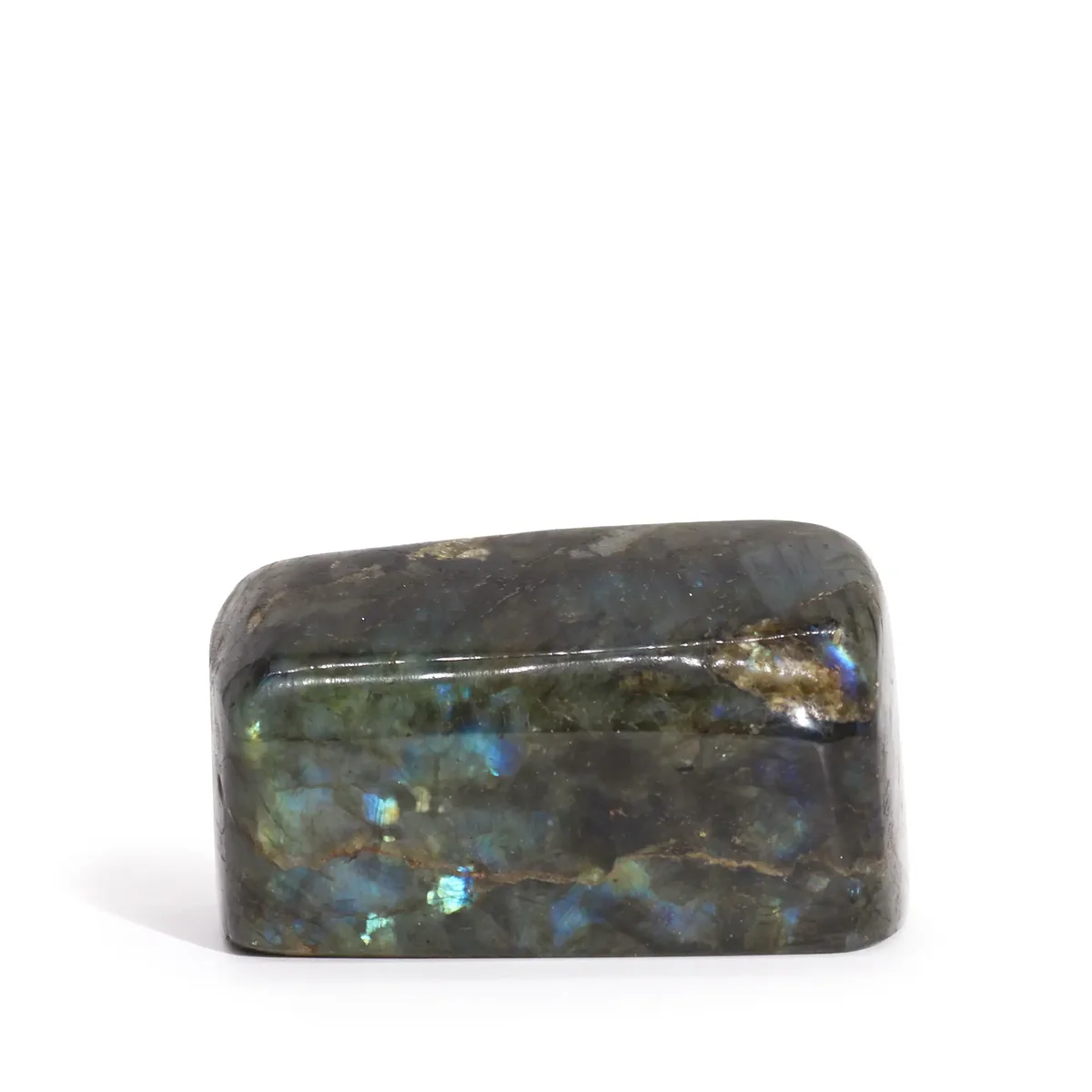 Medium labradorite stone from Madagascar, weighing 250-300g, measuring 80-100mm with blue-green flashes
