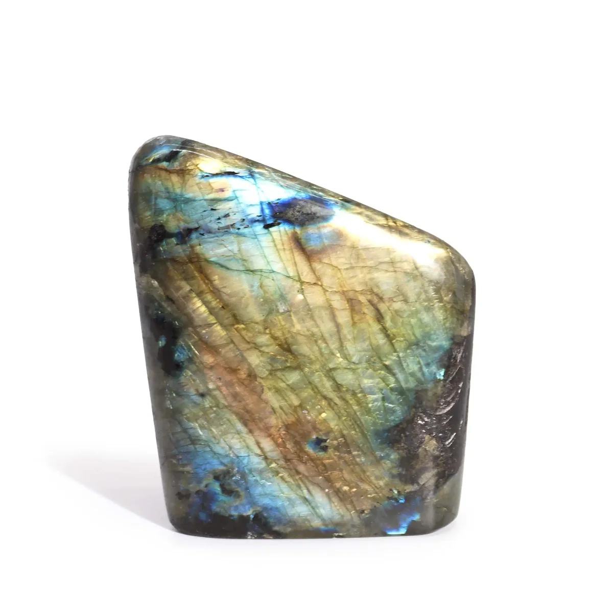 Large labradorite stone from Madagascar, weighing approx 550-750g, measuring 110-140mm with blue-green flashes