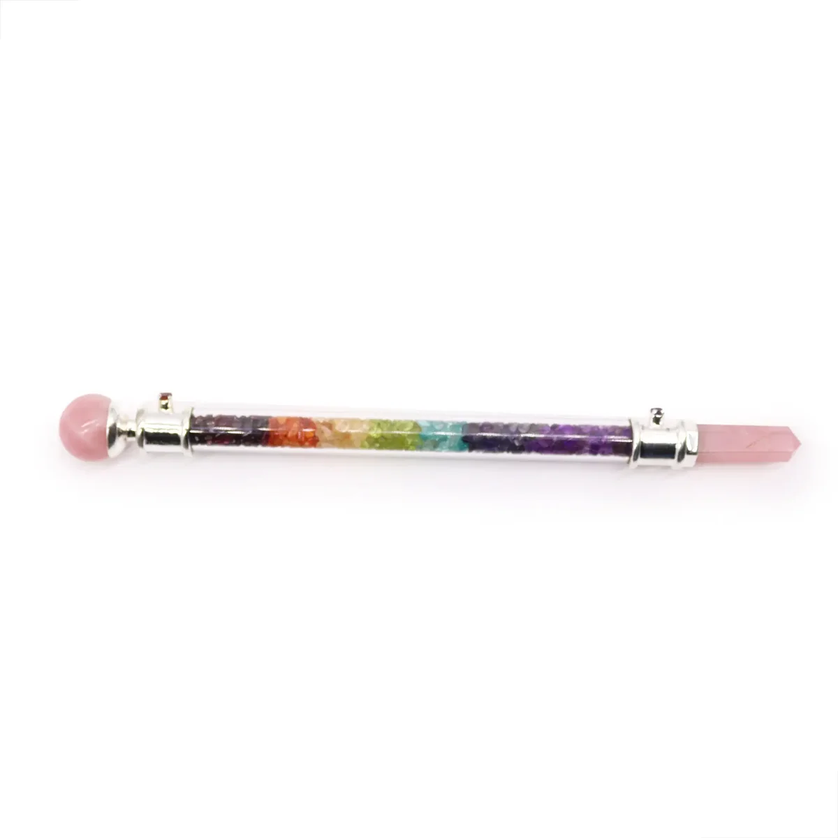 Rose quartz wand designed for 7 chakra crystal healing with smooth polished surface and pointed end