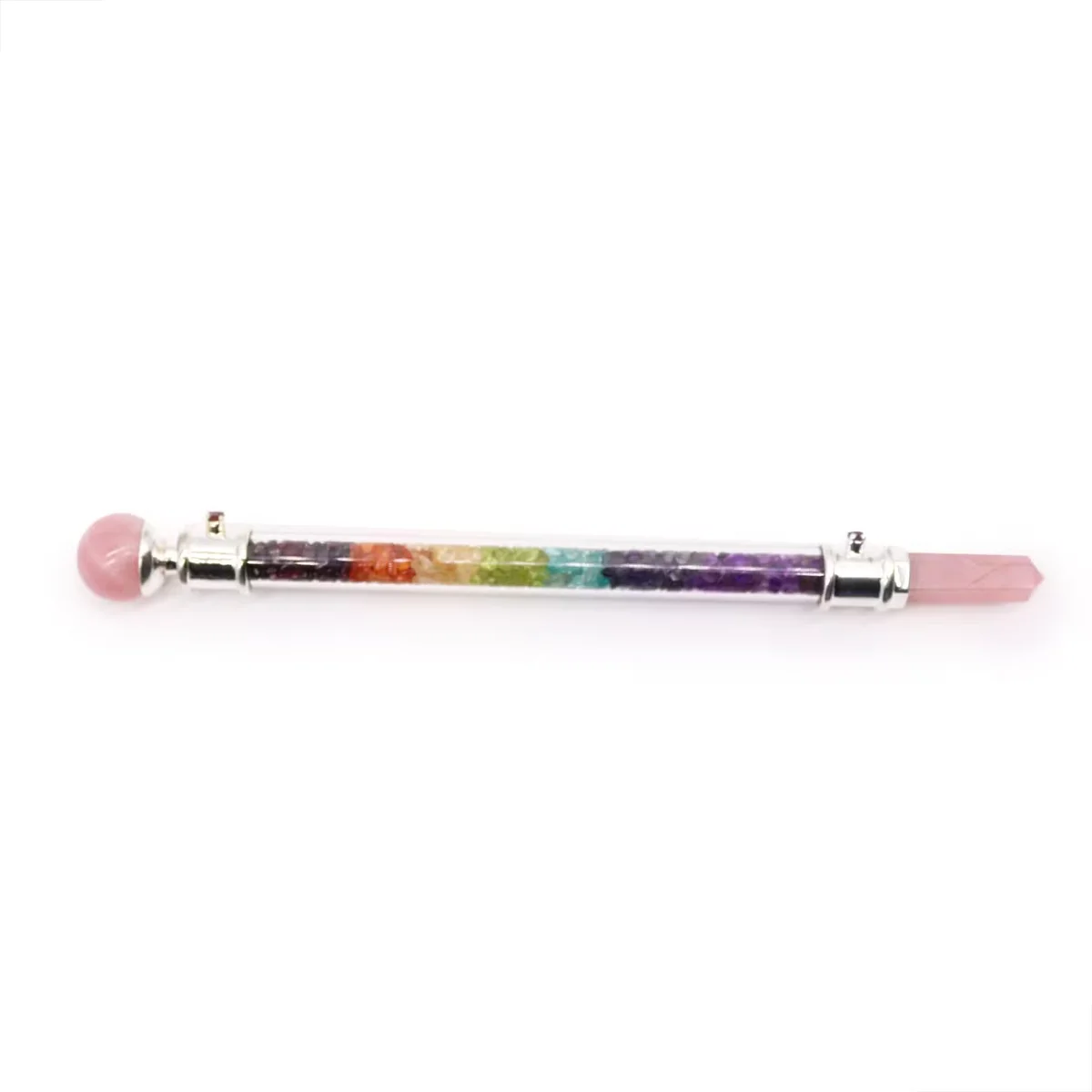 Rose quartz 7 chakra crystal healing tool wand with seven colored chakra stones aligned on a white background