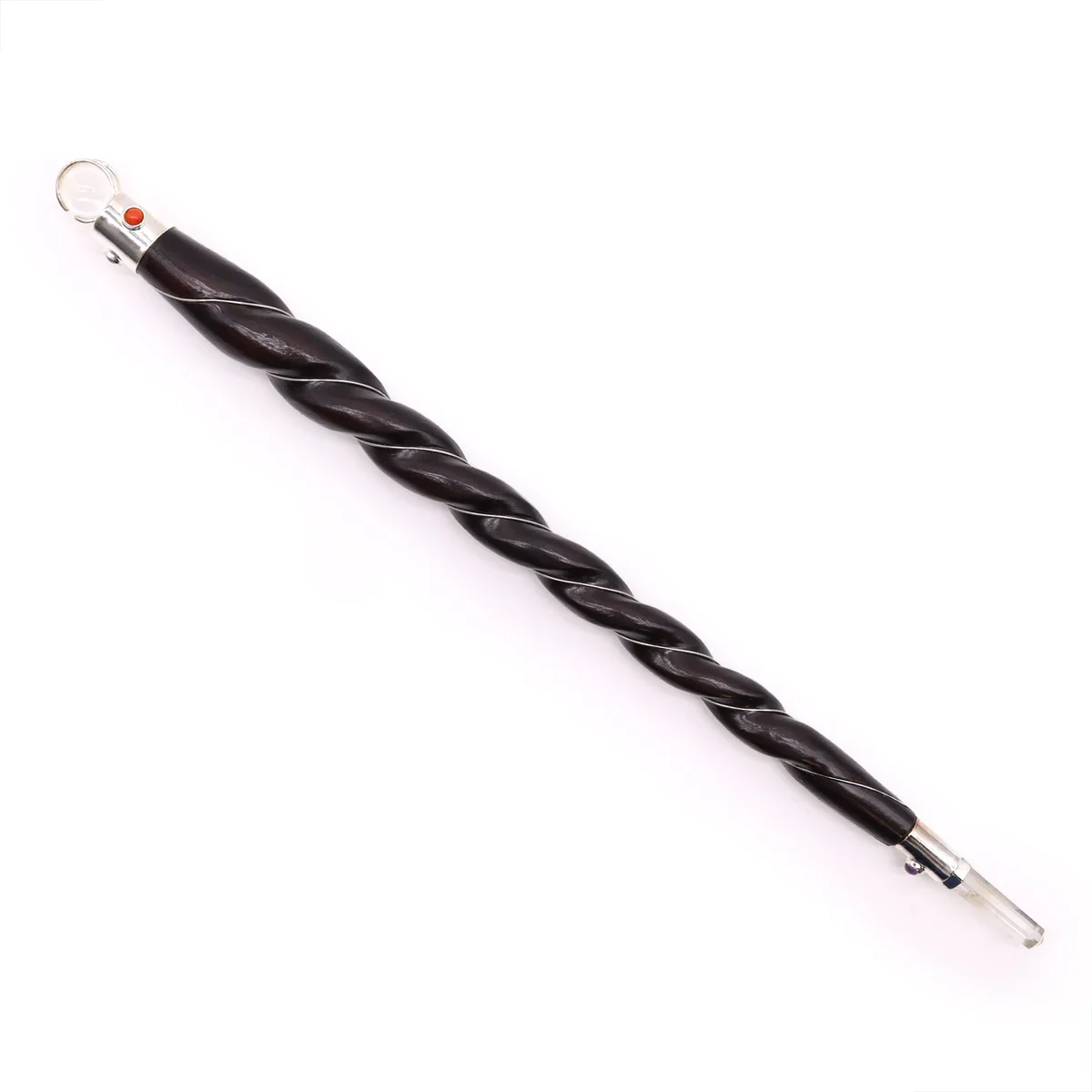 Extra large twisted wood and rock quartz wand with natural textures and polished quartz tip on white background