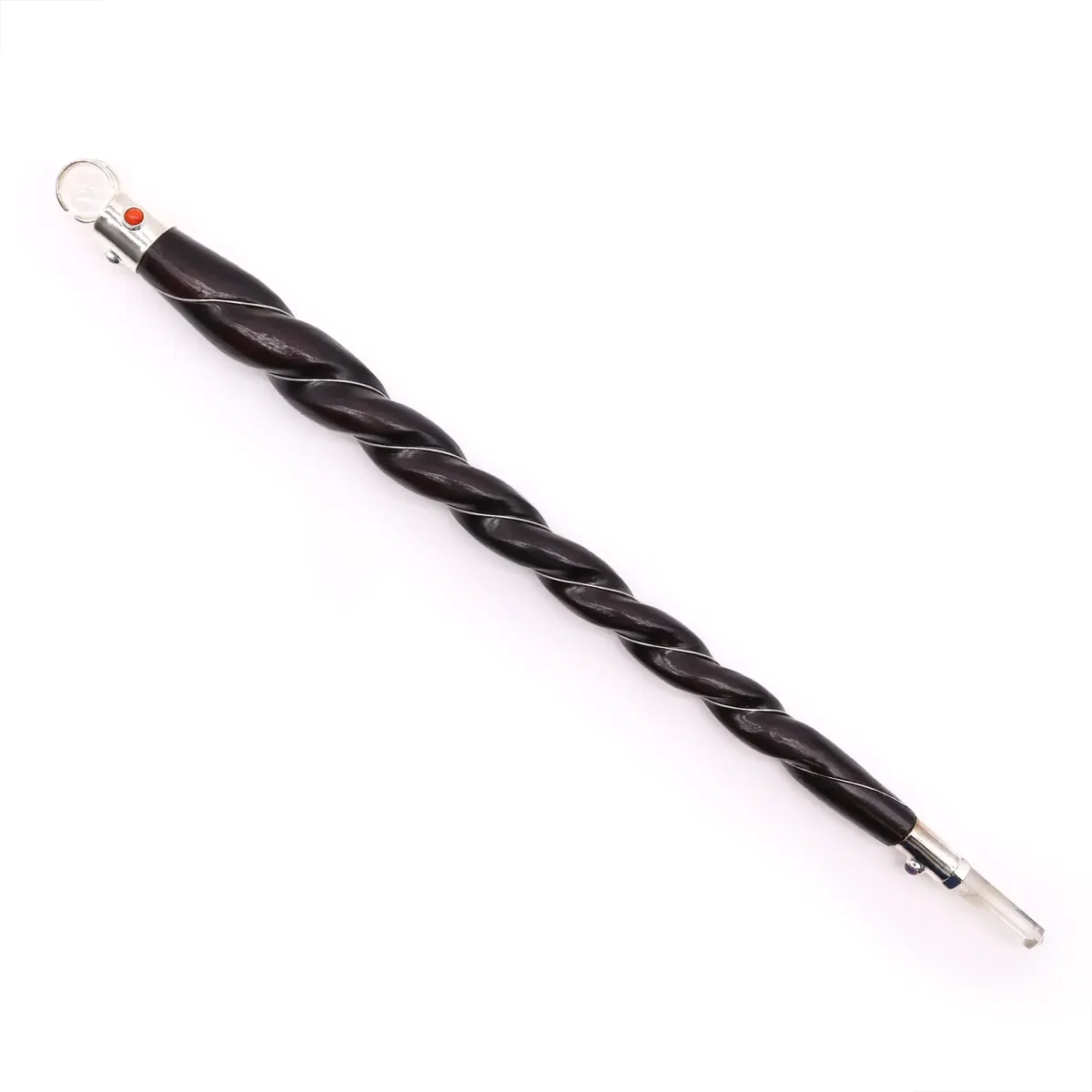 Extra large twisted wood wand featuring natural rock quartz embedded along its length on a white background