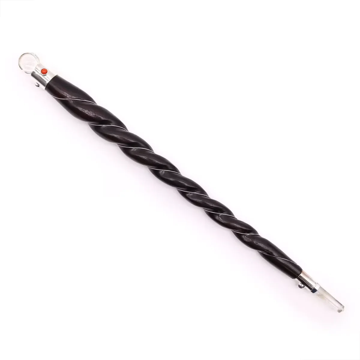 Extra large twisted wood and rock quartz large decorative wand with natural textures and unique design on white background