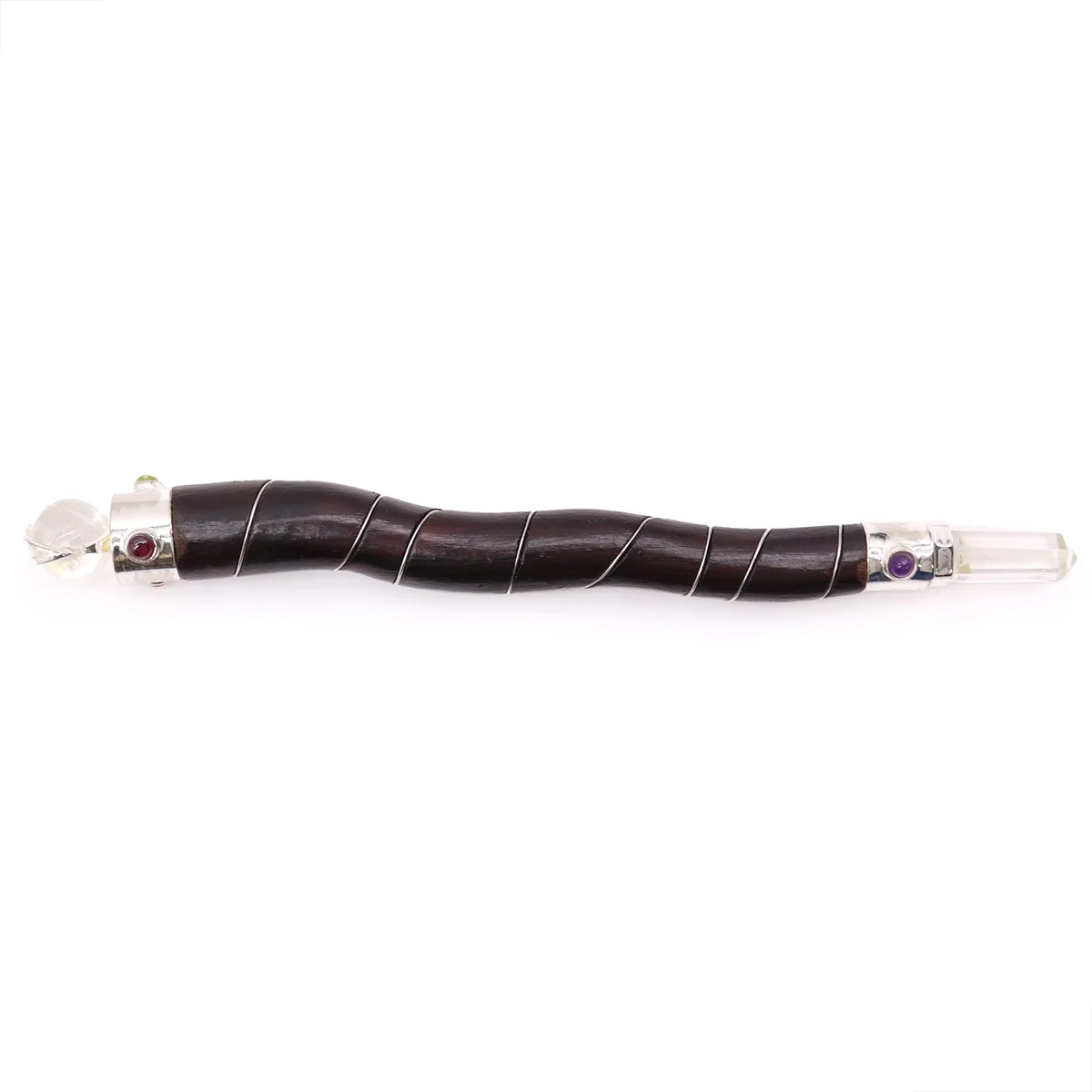 Curved natural wood quartz wand featuring a smooth wooden handle and clear rock quartz tip on white background