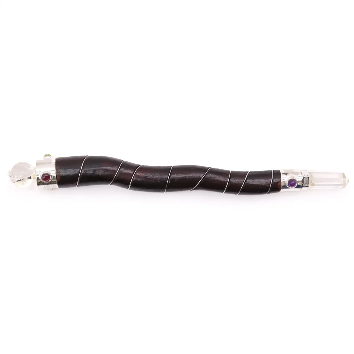 Natural curved wood wand with rock quartz attached, showing smooth wood grain and clear quartz detail