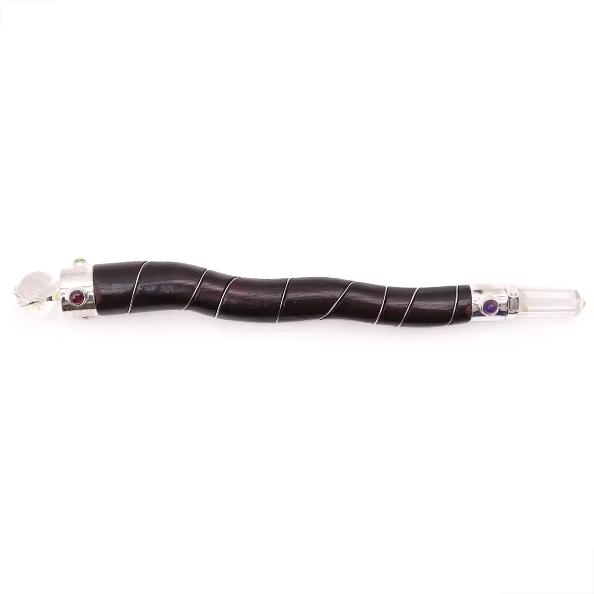 Natural decorative wand made of curved wood with a rock quartz tip, shown on a white background, image 3.
