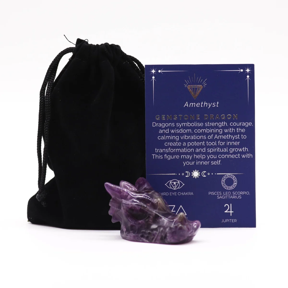Small amethyst dragon head ornament carved from gemstone with detailed features and smooth finish