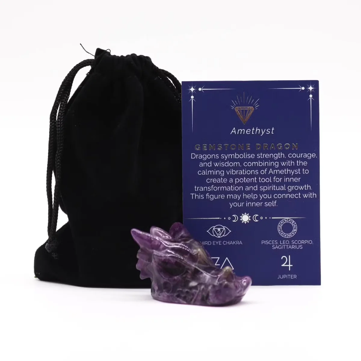 Small amethyst gemstone dragon head ornament UK with detailed carving and polished finish on white background