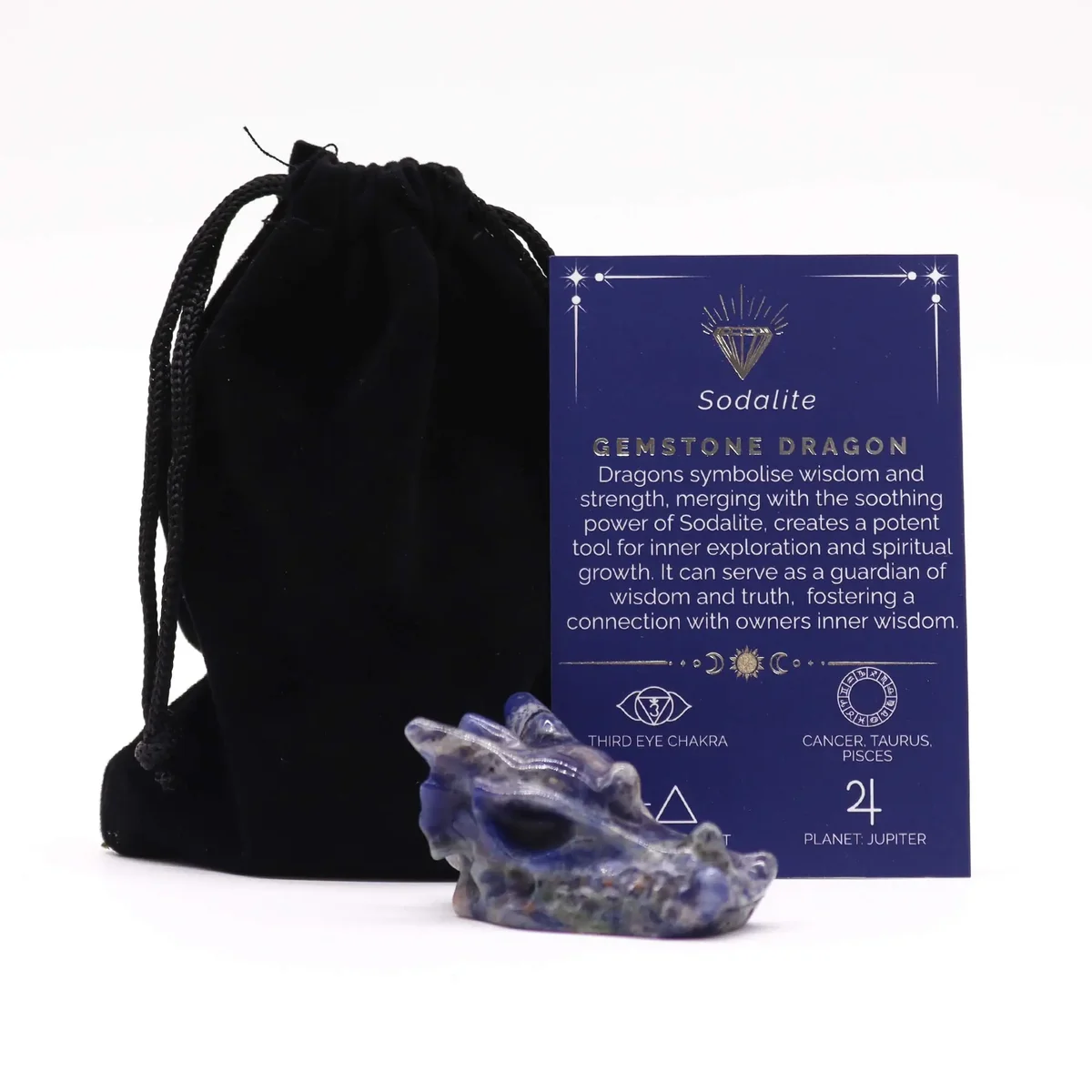 Small dragon head figurine carved from blue sodalite gemstone with detailed facial features and polished finish
