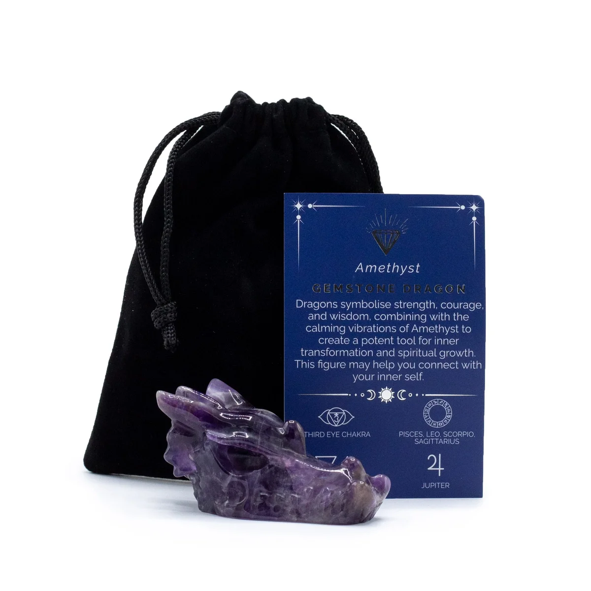 Large amethyst dragon head ornament carved from gemstone with detailed facial features and polished finish