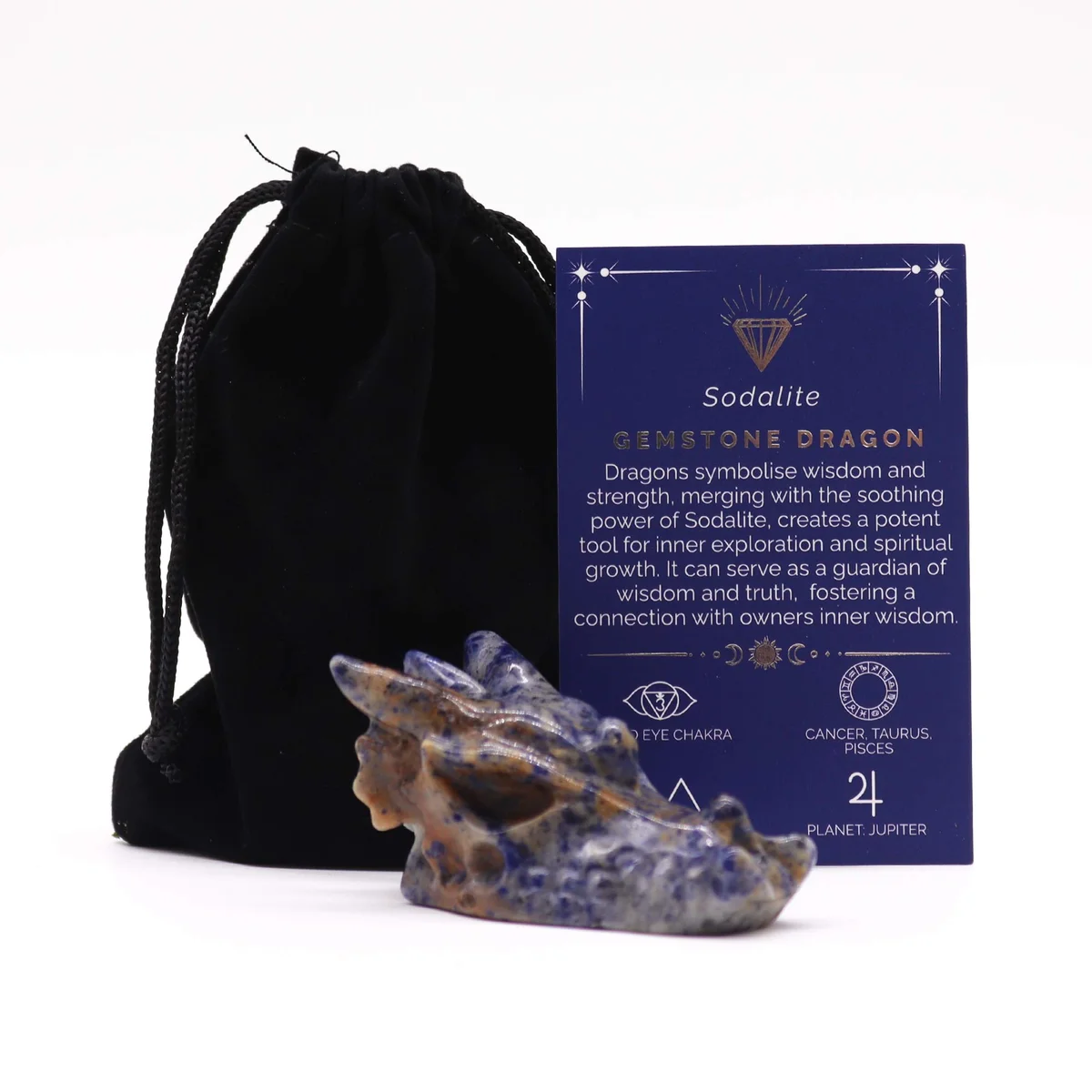 Large sodalite gemstone decorative dragon figurine carved into a detailed dragon head sculpture on a white background