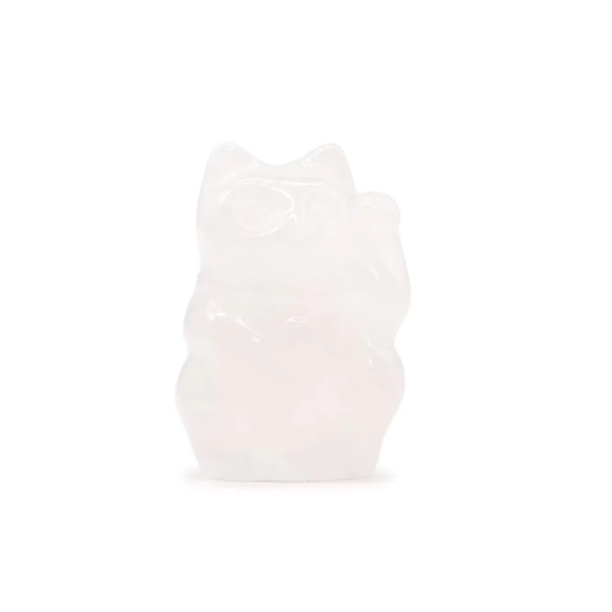 Rose quartz lucky cat figurine with smooth polished surface and soft pink hue, positioned against a white background
