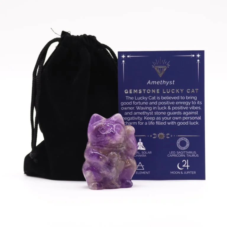 Amethyst lucky cat figurine, purple gemstone cat statue.