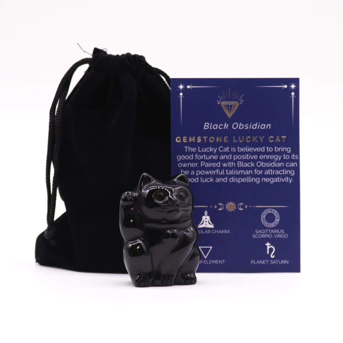 Black obsidian lucky cat figurine depicting a smiling cat with raised paw.