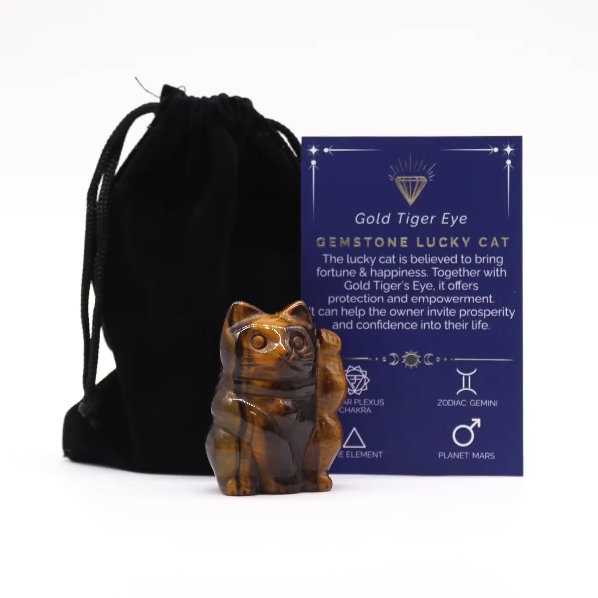 Gold Tiger Eye decorative gemstone cat figurine shaped like a lucky cat with polished gemstone finish on white background