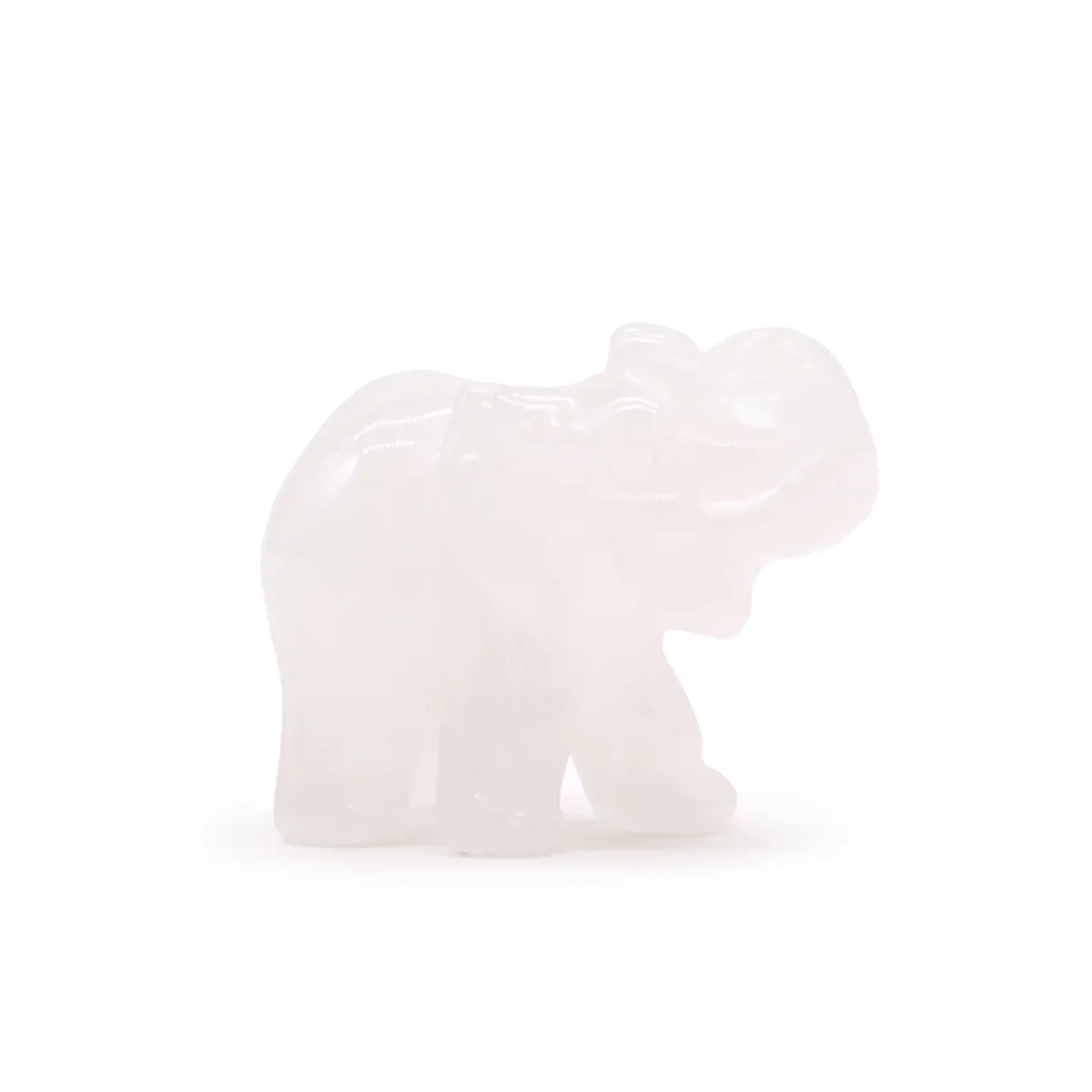 Polished rose quartz gemstone lucky elephant figurine with smooth surface and soft pink hues on white background